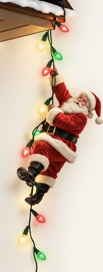 Santa hanging from Christmas string lights