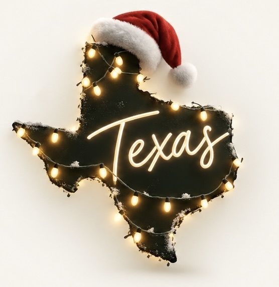Texas outlined in holiday lights with a Santa hat
