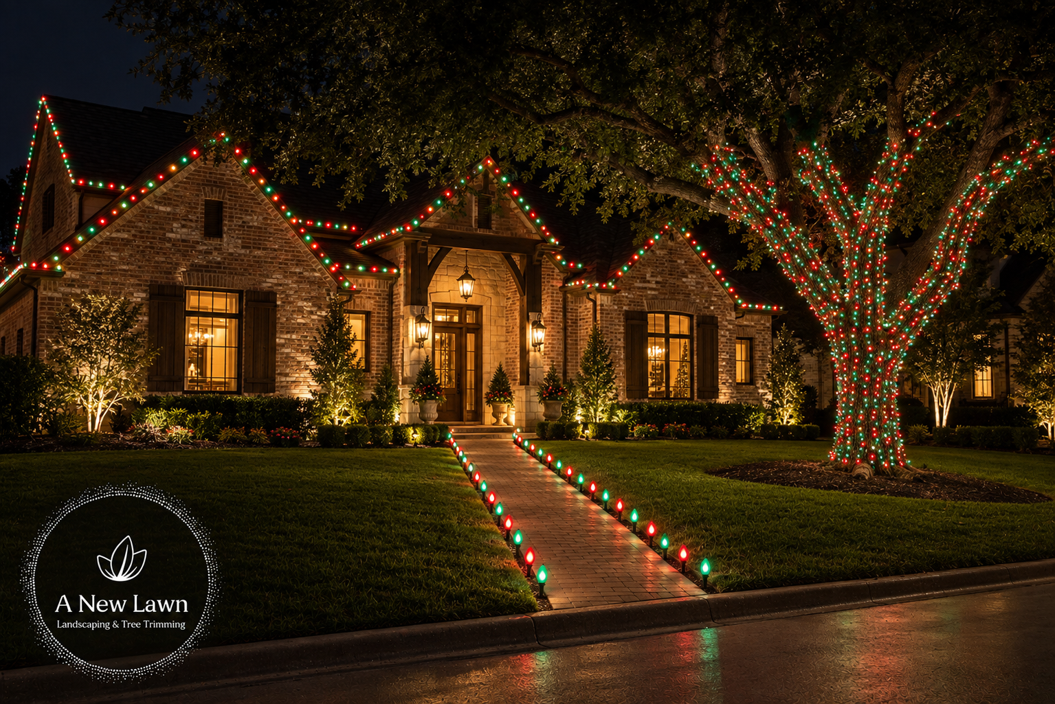 Green and red C9 Christmas lights on a home and large tree